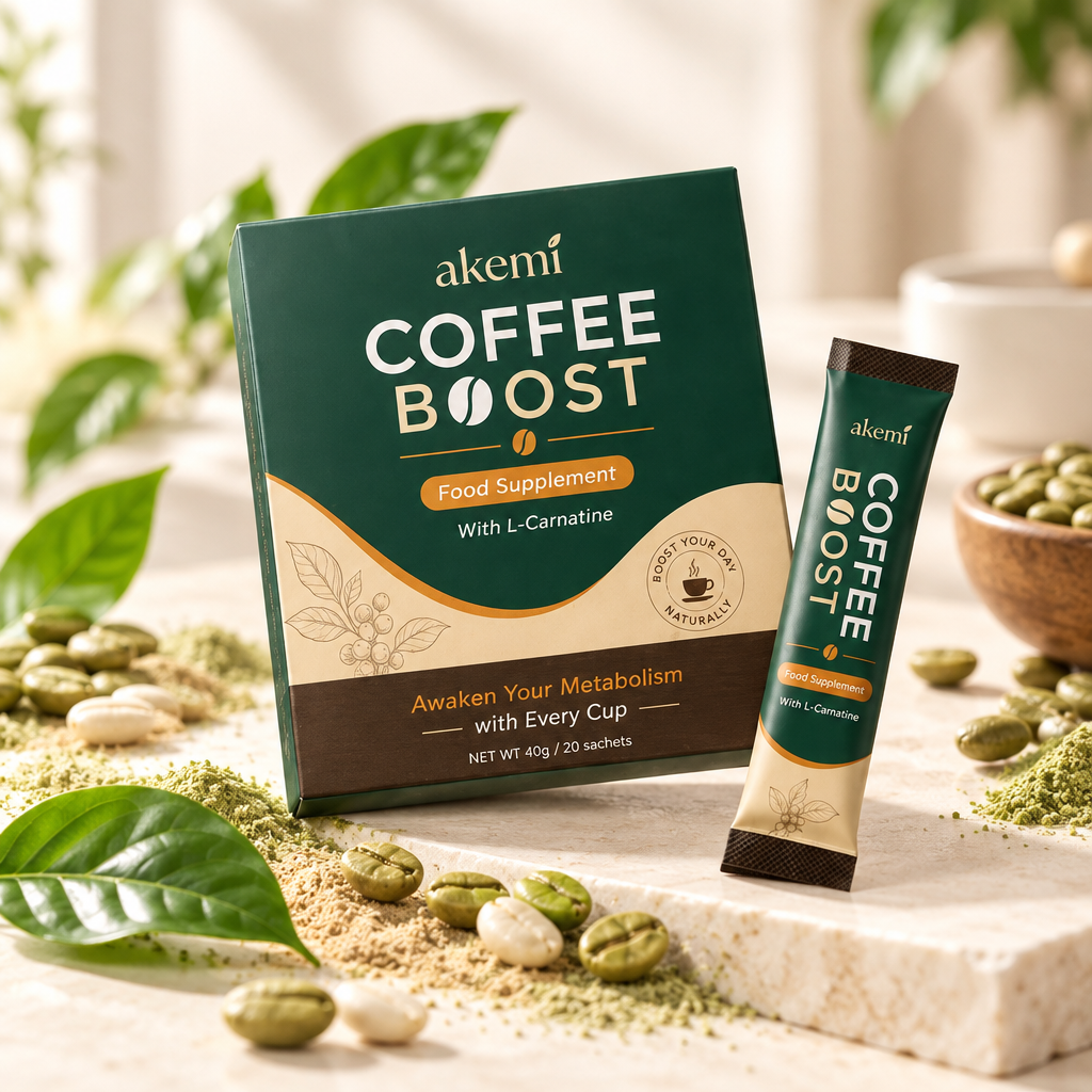 Akemi Coffee Boost box and sachet with green coffee beans
