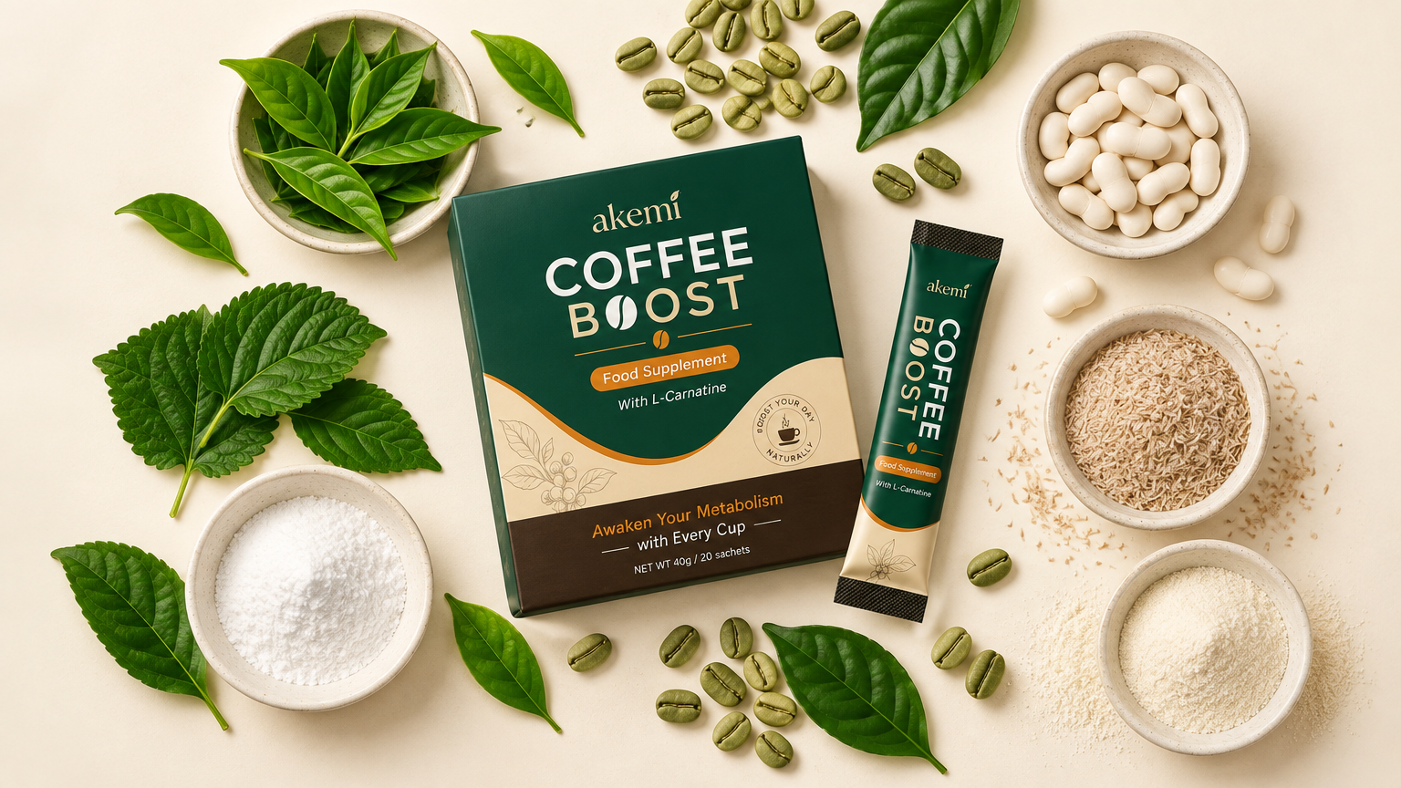 Akemi Coffee Boost 7 natural ingredients flat-lay: green tea, green coffee bean, white kidney bean, mulberry leaf, L-carnitine, resistant dextrin and psyllium husk