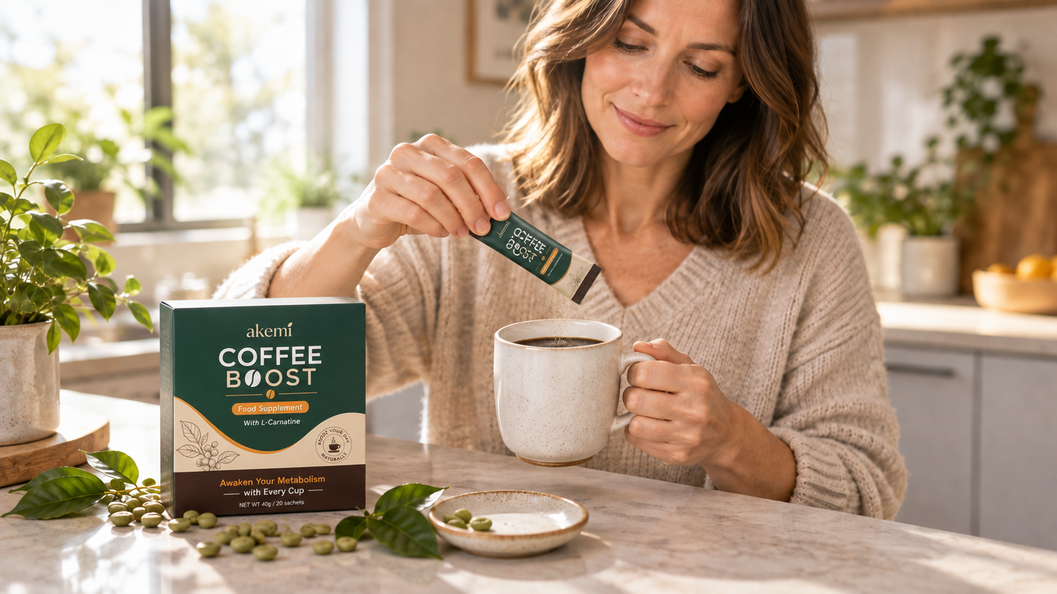 Woman adding one Akemi Coffee Boost sachet to her morning coffee at home