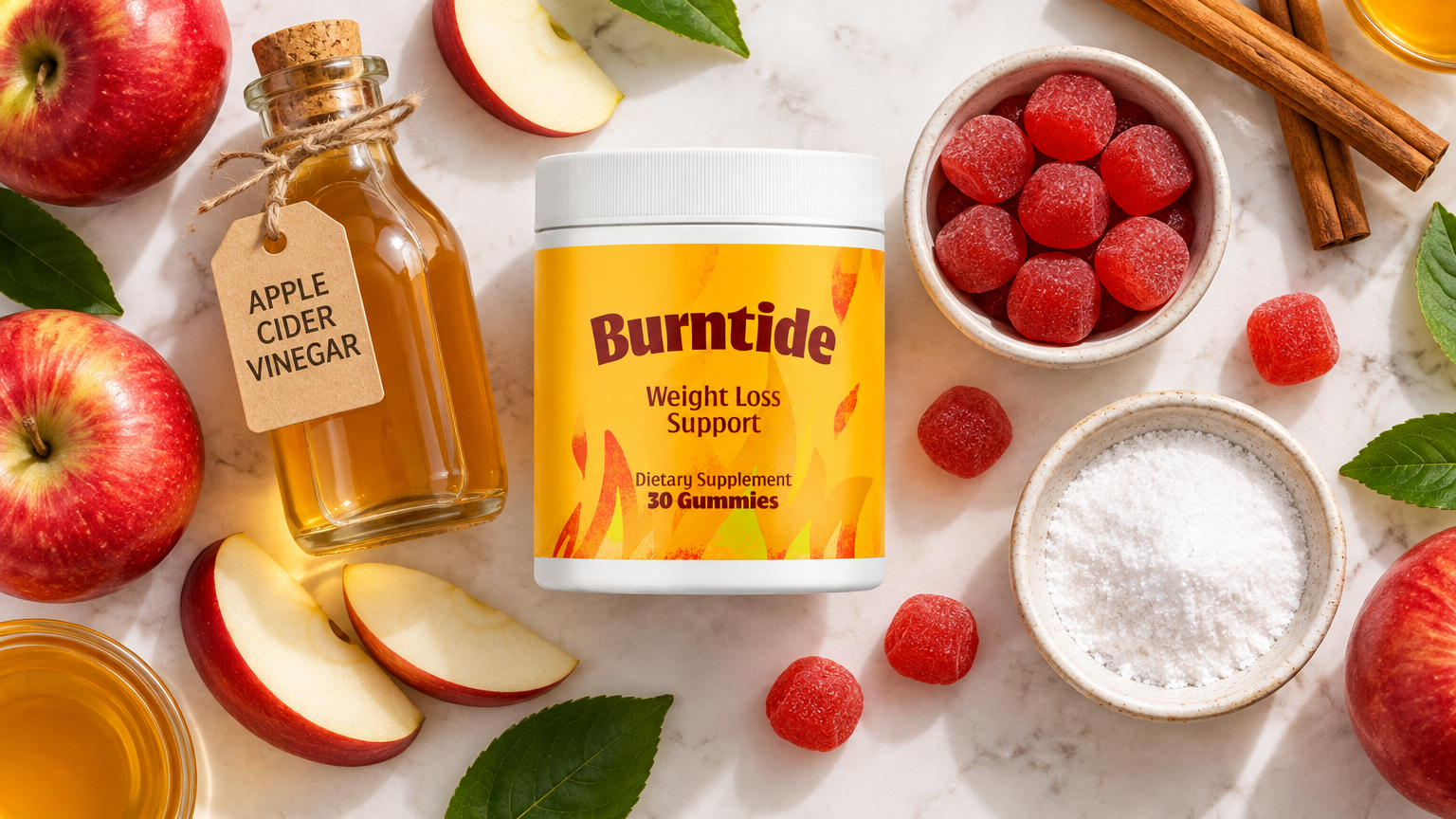 Burntide dual-action formula flat-lay: apple cider vinegar, BHB salts, apples and red gummies
