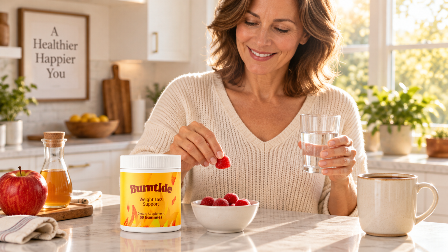 Woman taking a Burntide gummy as part of her morning routine in a bright kitchen
