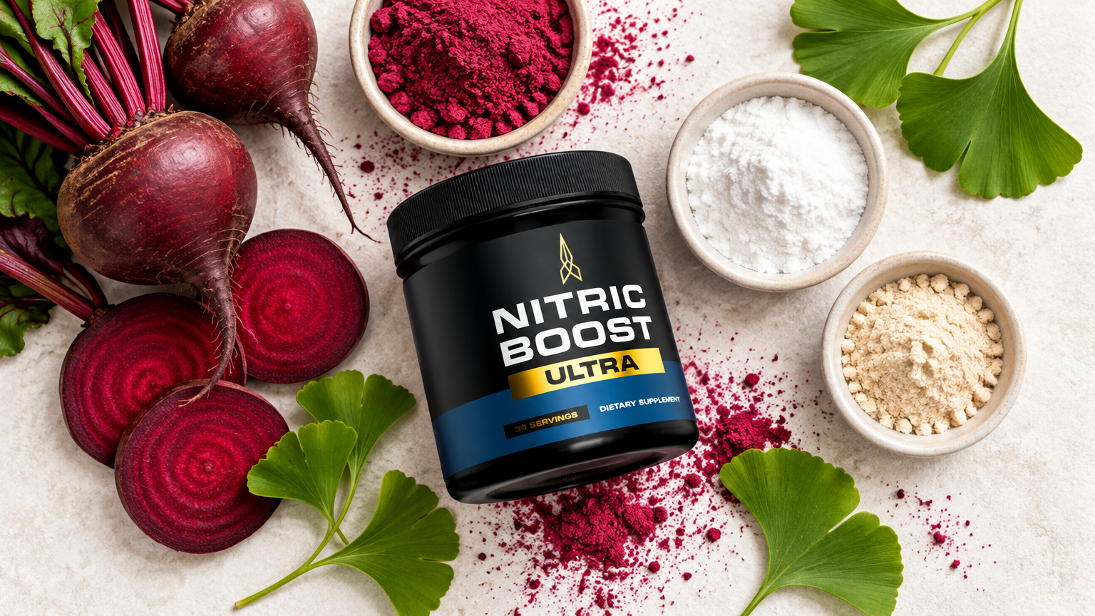 Nitric Boost Ultra flat-lay with the 7 ingredient elements: beetroot, ginkgo biloba, amino acids and energy powders