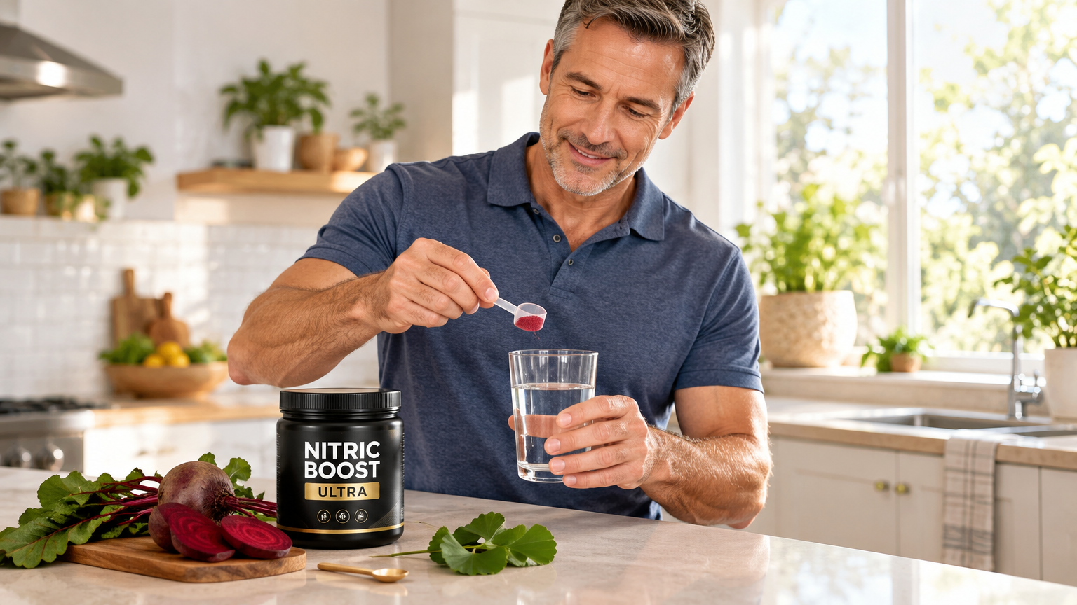 Man adding one scoop of Nitric Boost to a glass of water in his kitchen