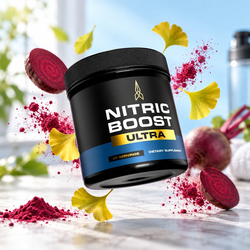 Nitric Boost Ultra black supplement jar with beetroot and ginkgo elements